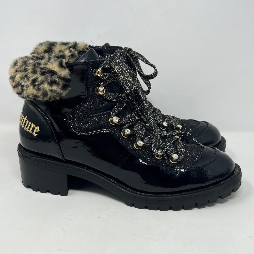Juicy Couture Indulgence Hiking Boots Faux Leather  Lug Sole Embroidered‎ 9.5M